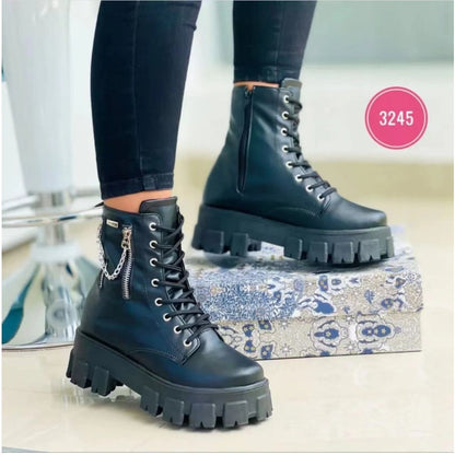 2022 Winter Trend Women's Boots Patent Leather Zipper Warm Punk Gothic Combat Boots Lace Up Sports Casual Thick Sole Biker Boots