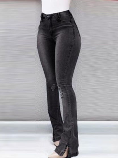 High Waist Ripped Bell-Bottom Jeans Women Pockets Design Casual Denim Pants