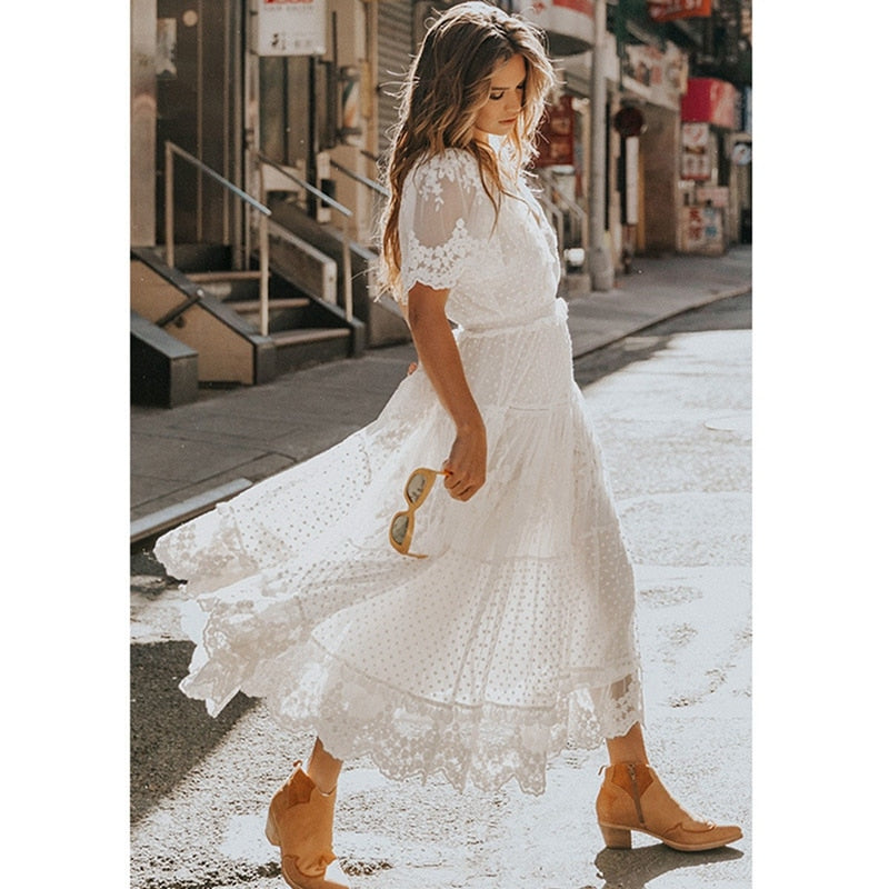 Hollow Out White Dress Sexy Women Long Lace Dress Cross Semi-Sheer Plunge V-Neck Short Sleeve Lace Maxi Dress Simple Solid