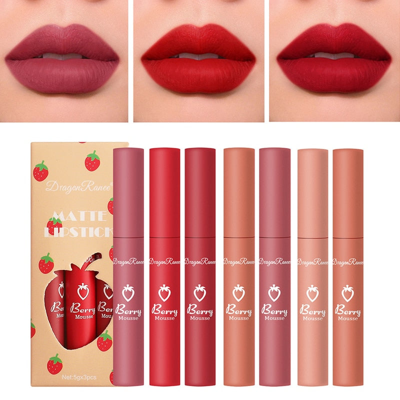 3 Pcs Sweet Liquid Lipstick Set Matte Velvet Lip Glaze Waterproof Long Lasting Non-marking Natural Lip Tint Cosmetic Kit YZL1