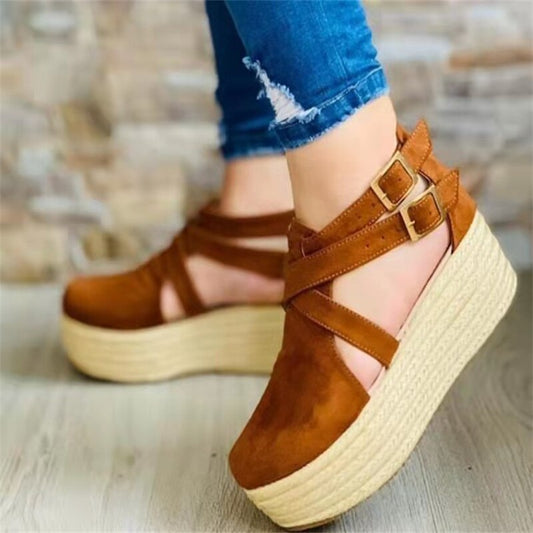 Summer New Sandals Womens Buckle Belt Retro Platform Straw Velvet Fashion High Heels Cozy Girl Sandalias Plus Size 35~43