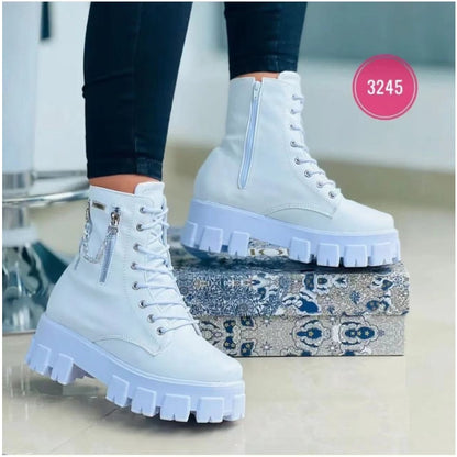 2022 Winter Trend Women's Boots Patent Leather Zipper Warm Punk Gothic Combat Boots Lace Up Sports Casual Thick Sole Biker Boots
