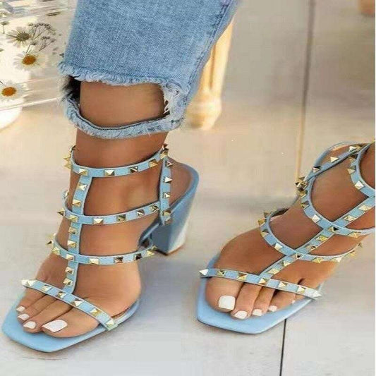 2022 Summer New High Heels Studs Fashion Designer Open Toe Gladiator Sandals Sexy Buckle White Ladies Roman Sandals Plus Size 43
