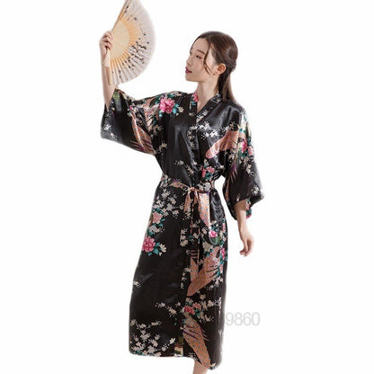 Print Chinese Women Silk Rayon Robes Long Sexy Nightgown Yukata Kimono Bath Gown Sleepwear Plus Size Bathrobes Intimate Lingerie