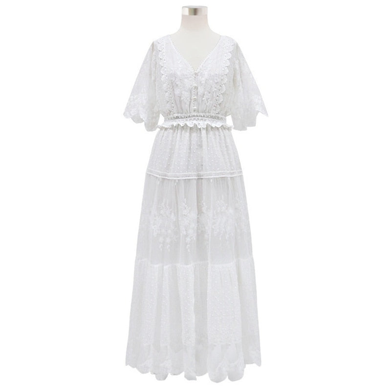 Hollow Out White Dress Sexy Women Long Lace Dress Cross Semi-Sheer Plunge V-Neck Short Sleeve Lace Maxi Dress Simple Solid