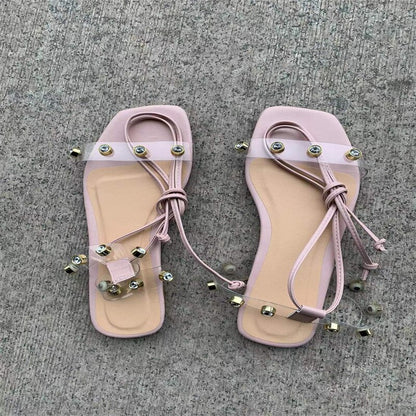 Flat Rhinestone Sandals 2022 Summer New PVC Open Toe Beach Outdoor Cross-Tie Roman Shoes Casual Light Party Sandalias De Mujer