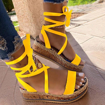 Women&#39;s Roman Sandals Leopard Print Ethnic Fashion Print Platform Cross-Tie Open Toe Beach Shoes Casual Wedge Heels Plus Size 43