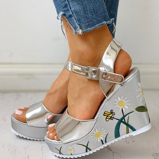 Women&#39;s Sandals 2022 Summer New Beach Open Toe Print Fish Mouth Shoes Fashion Buckle Platform Versatile Wedge Lady Roman Sandals