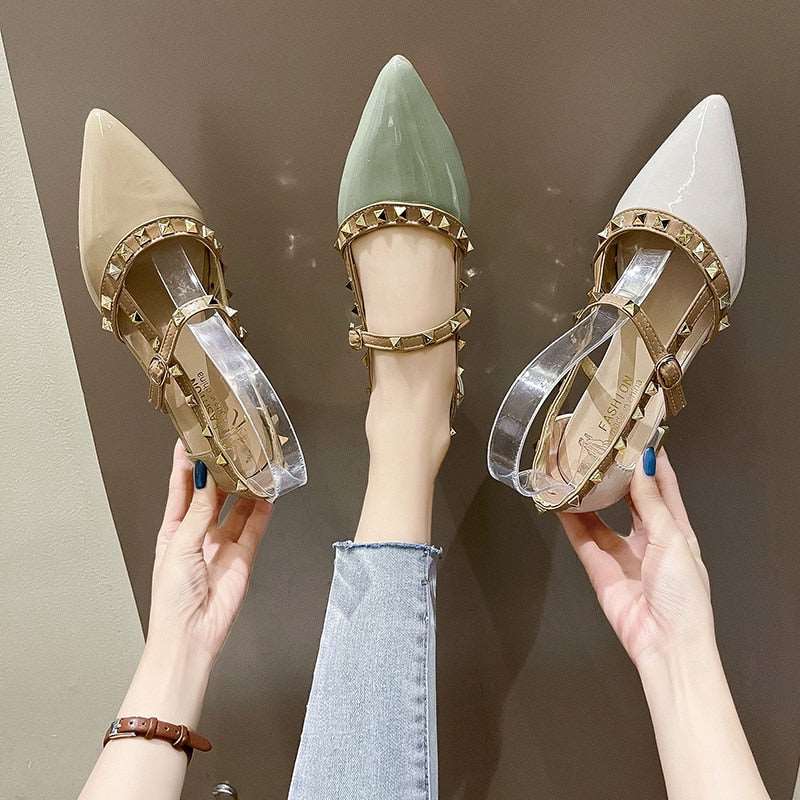 2022 New High Heels Pointed Toe Buckle Rivets Summer Sexy Mules Fashion All-match Net Red Banquet Thick Heels Women&#39;s High Heels