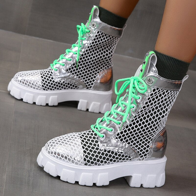 Sandal Boots Summer 2022 New Lace Up Hollow Out Breathable Heightening Girls Ankle Boots Fashion Mesh Women Sandals Plus Size 43