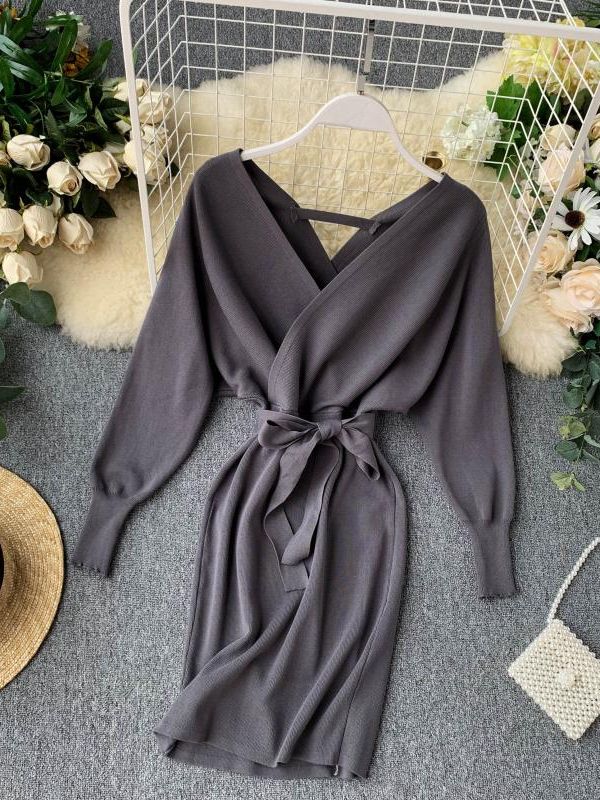 YuooMuoo Autumn Winter Women Knitted Sweater Dress 2022 New Korean Long Batwing Sleeve V Neck Elegant Dress Ladies Bandage Dress