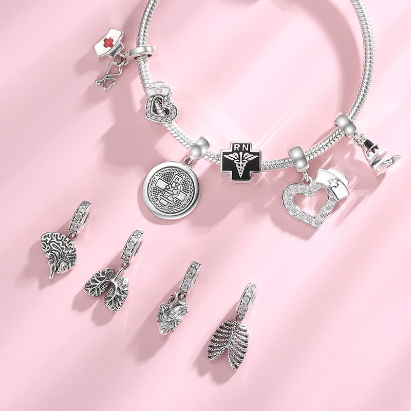 925 Sterling Silver Nurse Hat Heart Brain Lungs Ribs Pendants Beads Fit Charm Silver 925 Original Bracelet Fine Jewelry Making