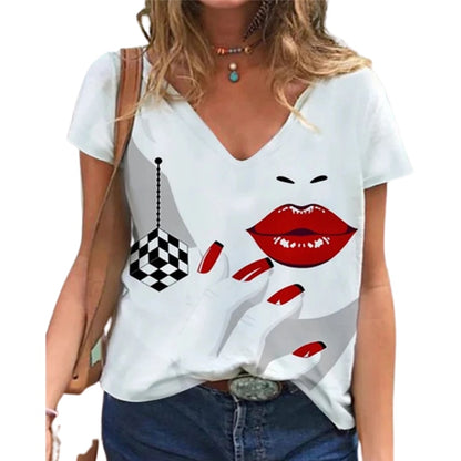 V Neck Tshirt Women&#39;s Summer Casual Oversize Print Shirt Tops Loose Vintage Female Tee Streetwear Y2K Short Sleeve Clothes S-5XL