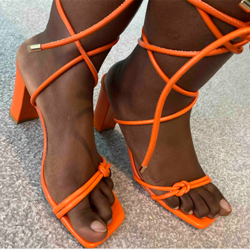 Women's High Heels Sexy Cross Tie 2022 Summer New Outdoor Banquet Narrow Band Pumps White Square Toe Open Toe Braided High Heels