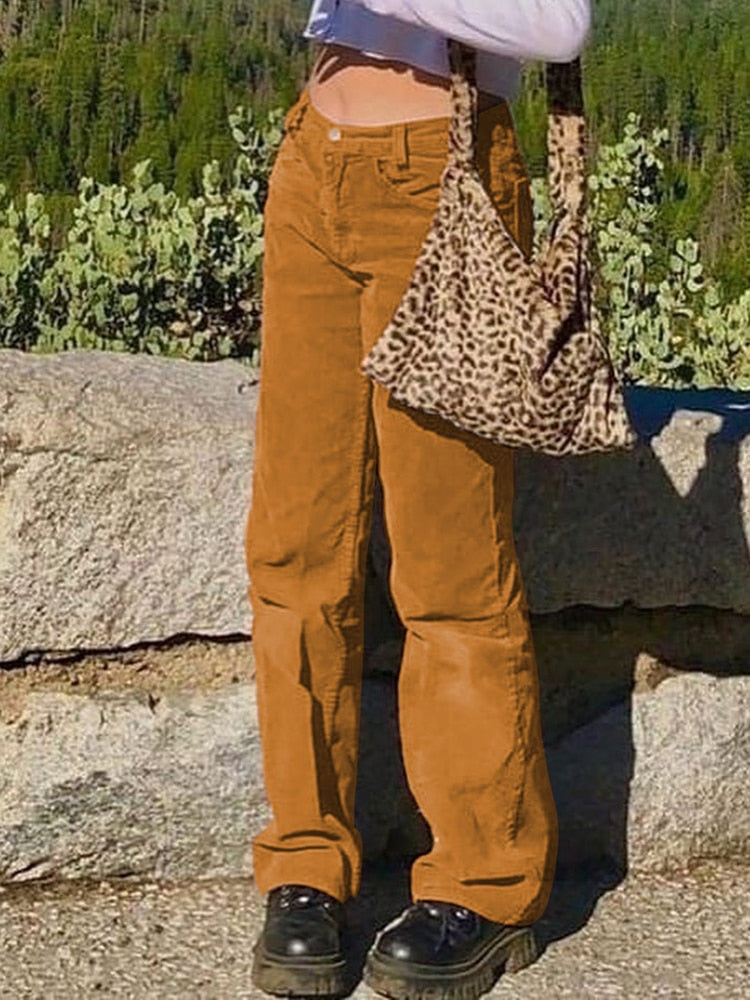 HEYounGIRL Autumn Casual Corduroy Brown Long Trousers Women Skinny Mid Waist Pants Capris Fashion Thin 90s Pocket Sweatpants