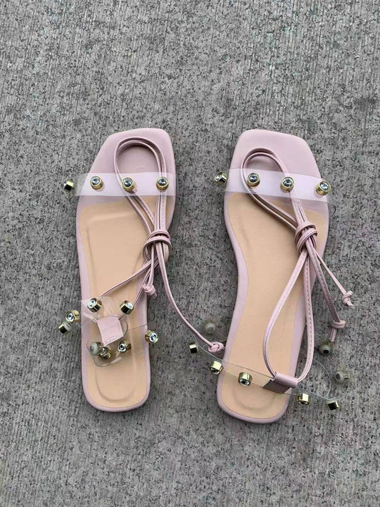 Flat Rhinestone Open Toe Cross-Tie Sandals