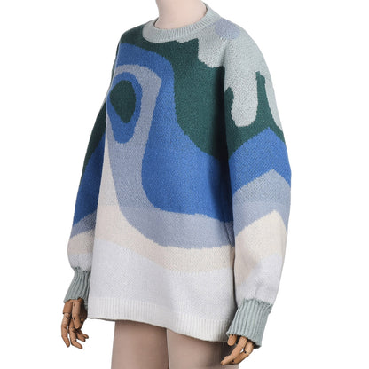 YiYiMiYu Preppy Style Knit Women Pullover Sweater Autumn New Design Blue White Printed Soft Loose Tops Lady Long Sleeve Sweaters