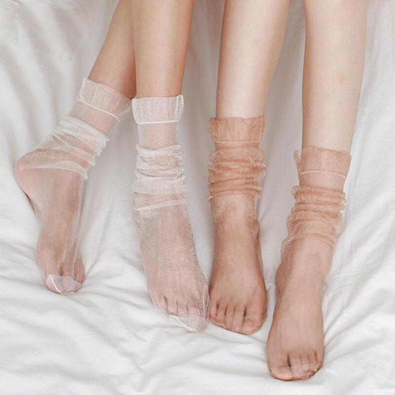 Sexy Ultra-thin Fluffy Socks Women Glisten Transparent Long Socks Tulle Chiffon Woman Socks Leg Female Streetwear Calcetines