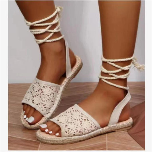 Roman Sandals Women&#39;s 2022 Summer New Flat Open Toe Braided Narrow Band Gladiator Design Shoes Fashion Cross-Tie Women&#39;s Sandals