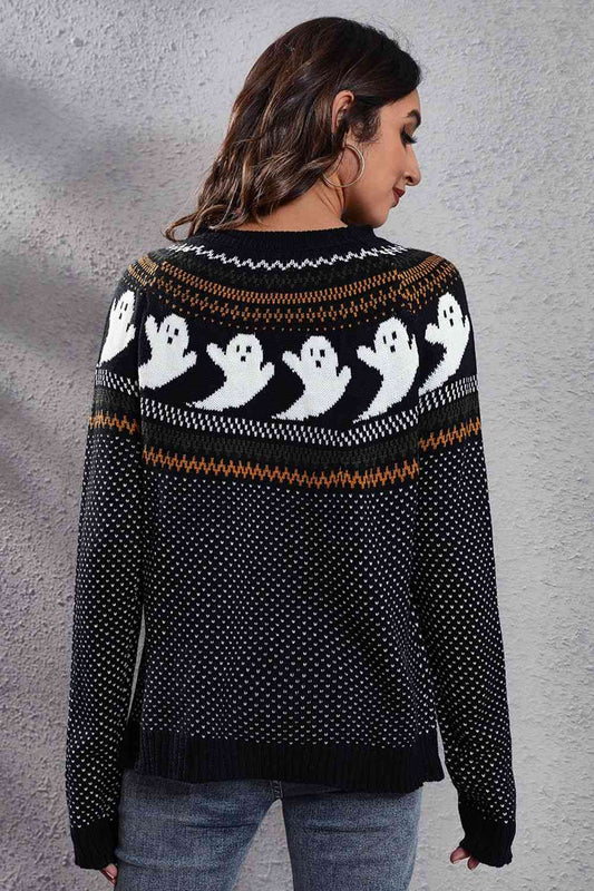 Ghost Pattern Round Neck Long Sleeve Sweater