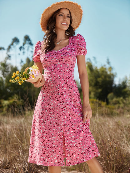 Floral Ruched Front Slit Dress