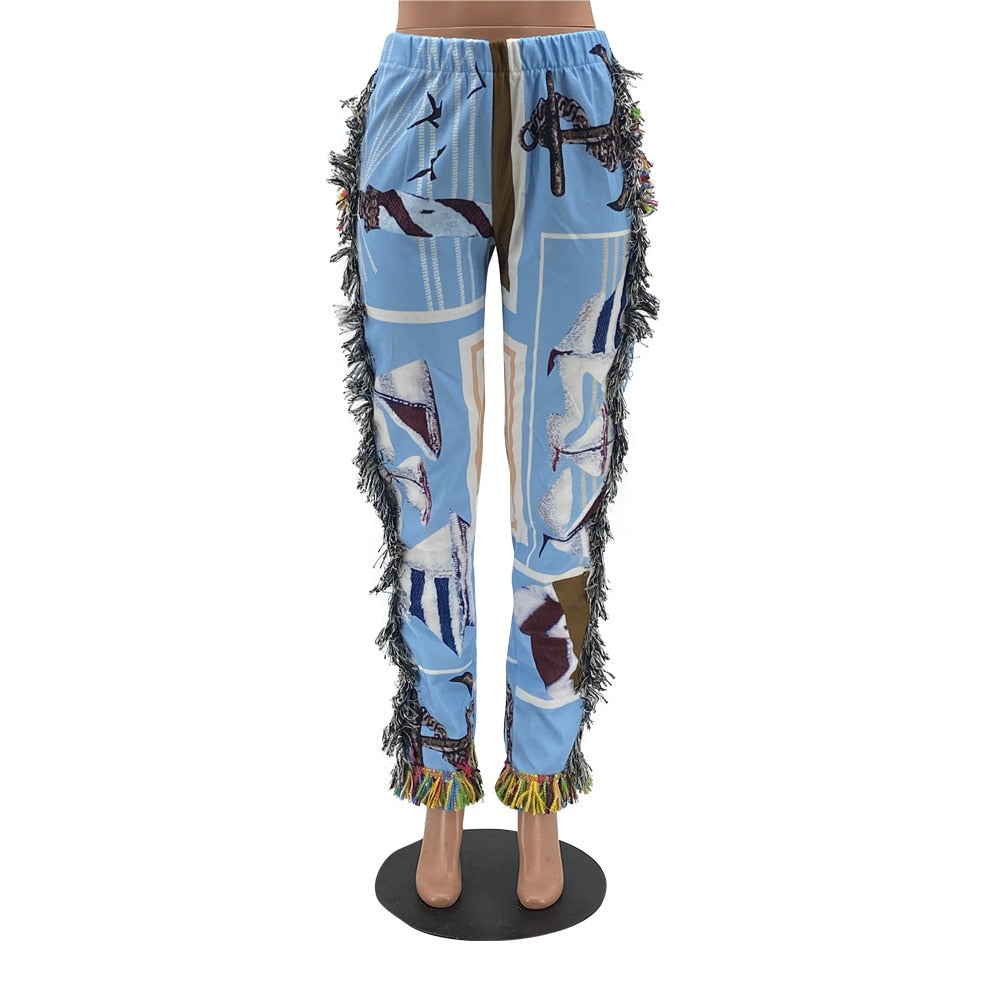 EtherealBe tassel patchwork striped pants light blue elastic waist with fringe sides and multicolor tassel cuffs