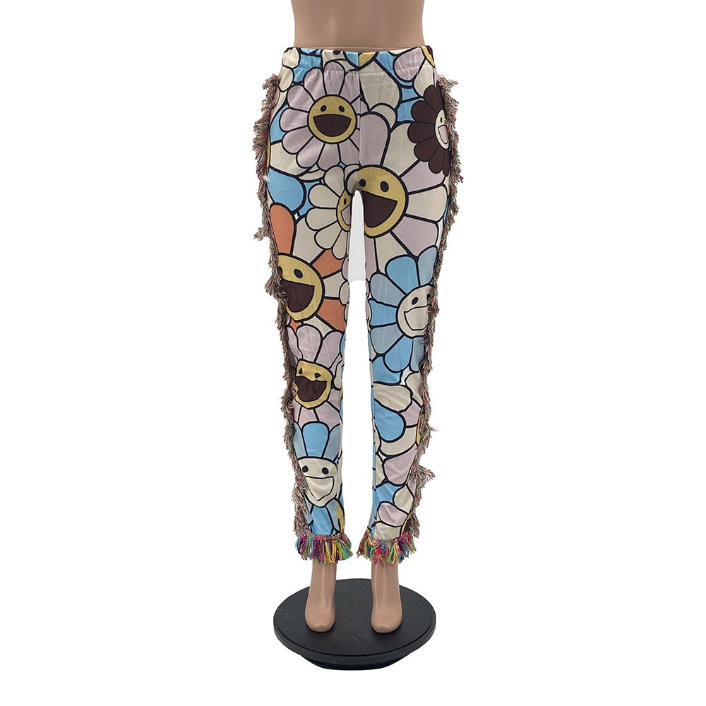 Colorful floral smiley print tassel patchwork striped pants with side fringe and elastic waist for festival wear
