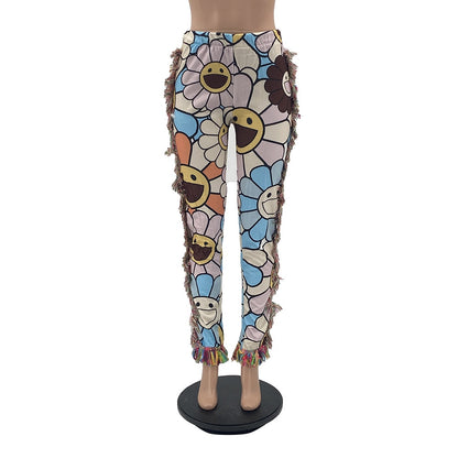 Colorful floral smiley print tassel patchwork striped pants with side fringe and elastic waist for festival wear