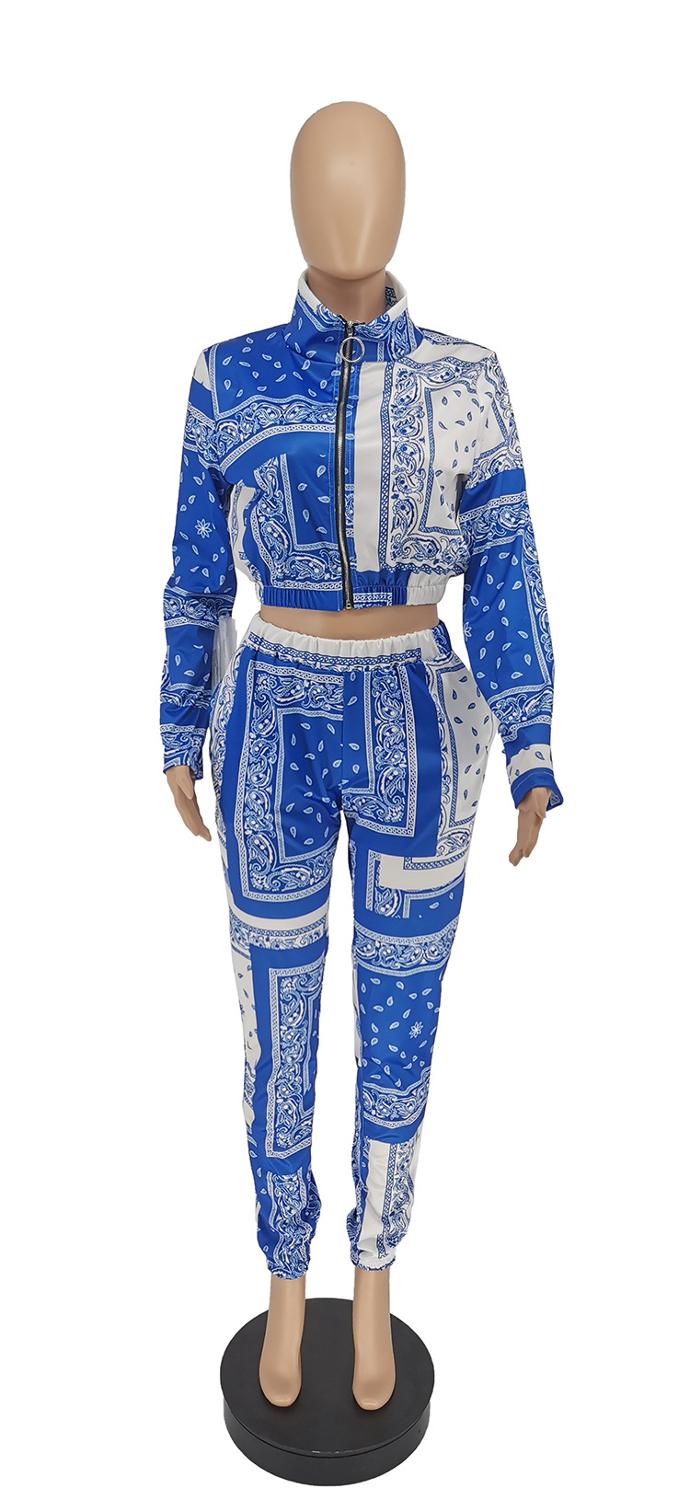EtherealBe paisley bandana print tracksuit women blue and white cropped zip jacket with jogger pants