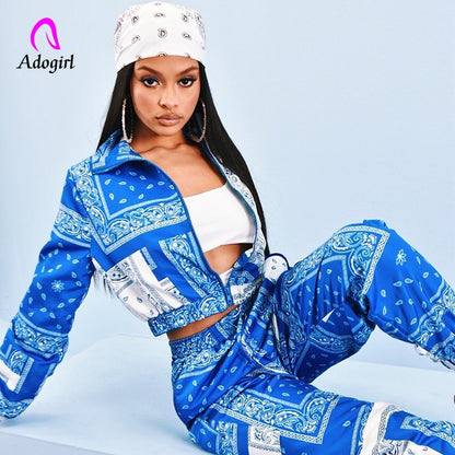 Model wearing blue paisley bandana print tracksuit women crop zip jacket and matching joggers with white bandana