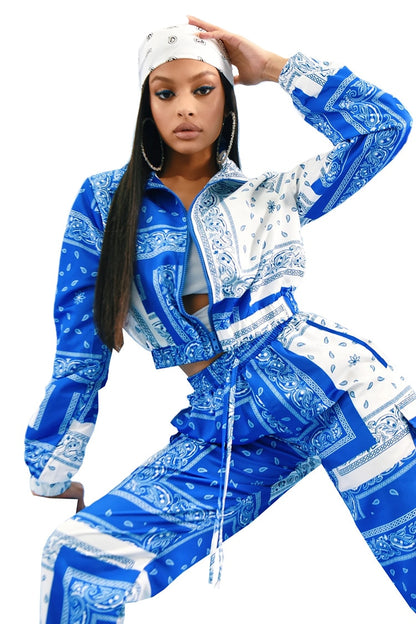Blue and white paisley bandana print tracksuit women cropped jacket and drawstring pants with matching headscarf