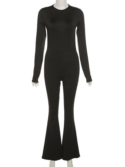 black backless bodycon jumpsuit with long sleeves crew neck fitted waist and flared legs on mannequin