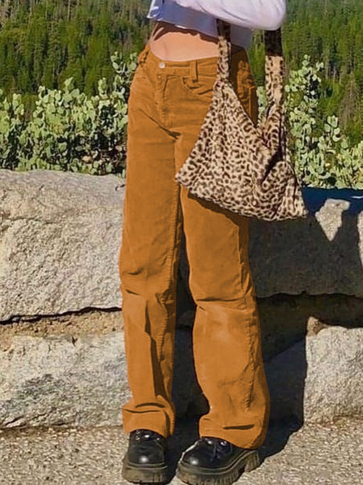 EtherealBe thin corduroy pants for women amber brown low rise wide leg cuffed hem