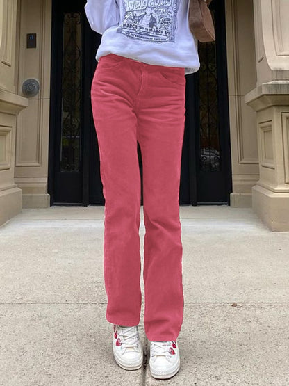 EtherealBe thin corduroy pants for women in dusty rose straight leg styling with white sneakers