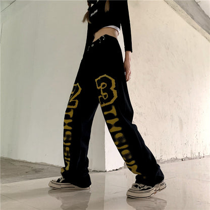 Harajuku Style Letter Print Straight Leg Women's High Waist Jeans
