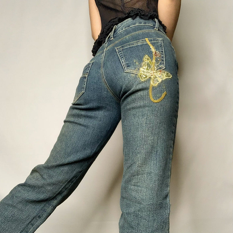 Fashion Women's Sexy High Waist Retro Individual Butterfly Print Bootcut Jeans