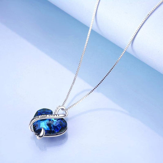 I Love You Mom Necklace Sterling Silver Heart Pendant Embellished with Crystals from Austria