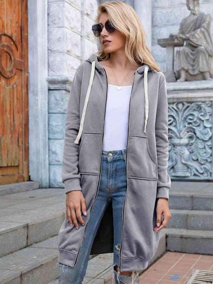 Zip-Up Longline Hoodie with Pockets