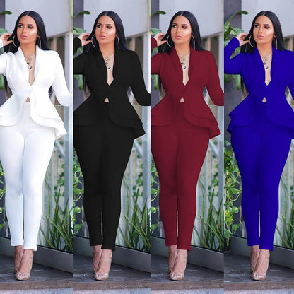 Model wearing women ruffle blazer pants set in white black burgundy and royal blue tailored peplum suit