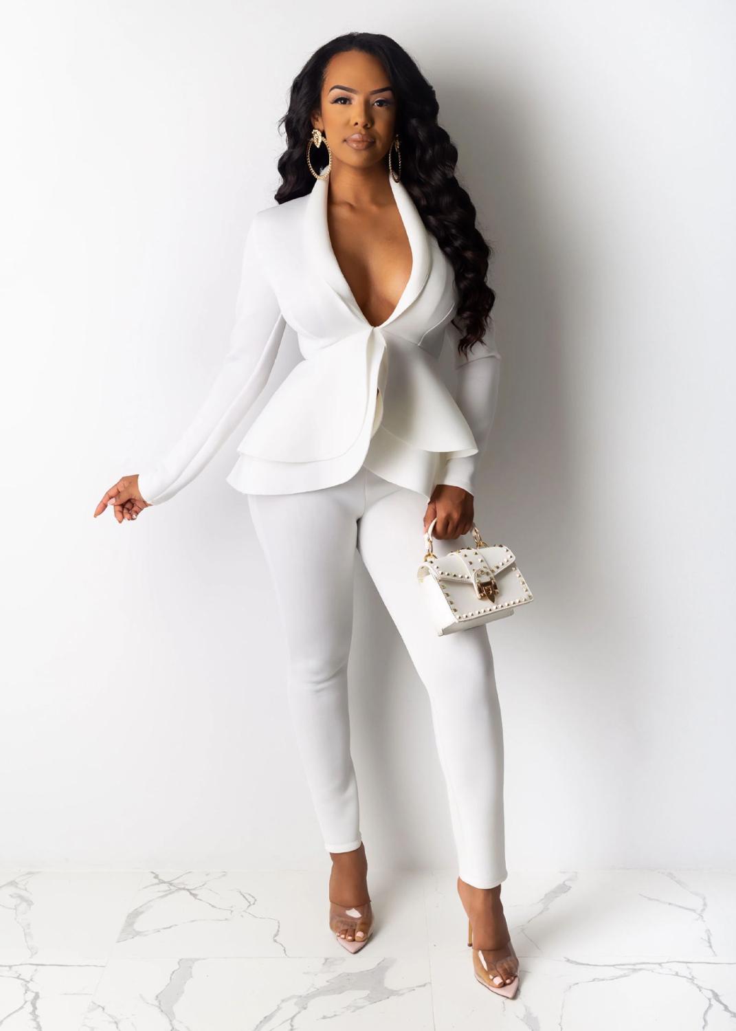 EtherealBe women ruffle blazer pants set in white with deep V neckline fitted pants gold earrings and mini studded handbag