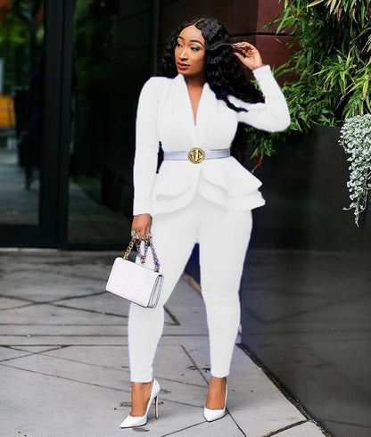 Woman wearing white women ruffle blazer pants set belted peplum with white handbag and heels