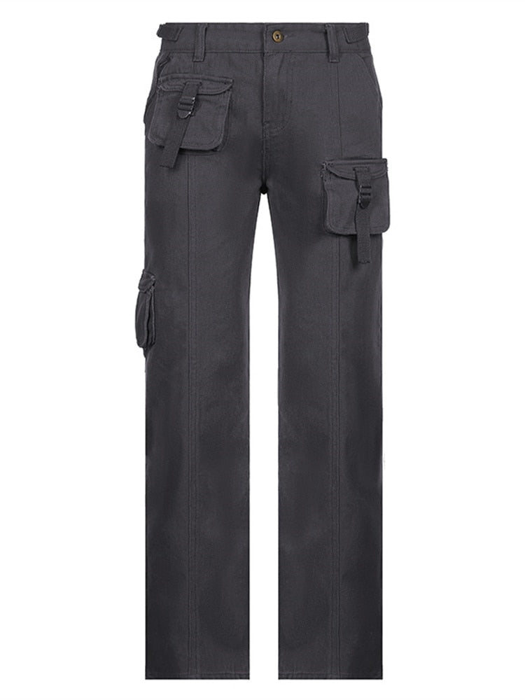 EtherealBe grunge streetwear straight leg pants dark charcoal cargo style with multiple flap pockets