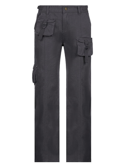 EtherealBe grunge streetwear straight leg pants dark charcoal cargo style with multiple flap pockets