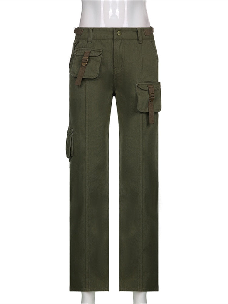 EtherealBe olive green cargo pants with multiple flap pockets and buckles grunge streetwear straight leg pants