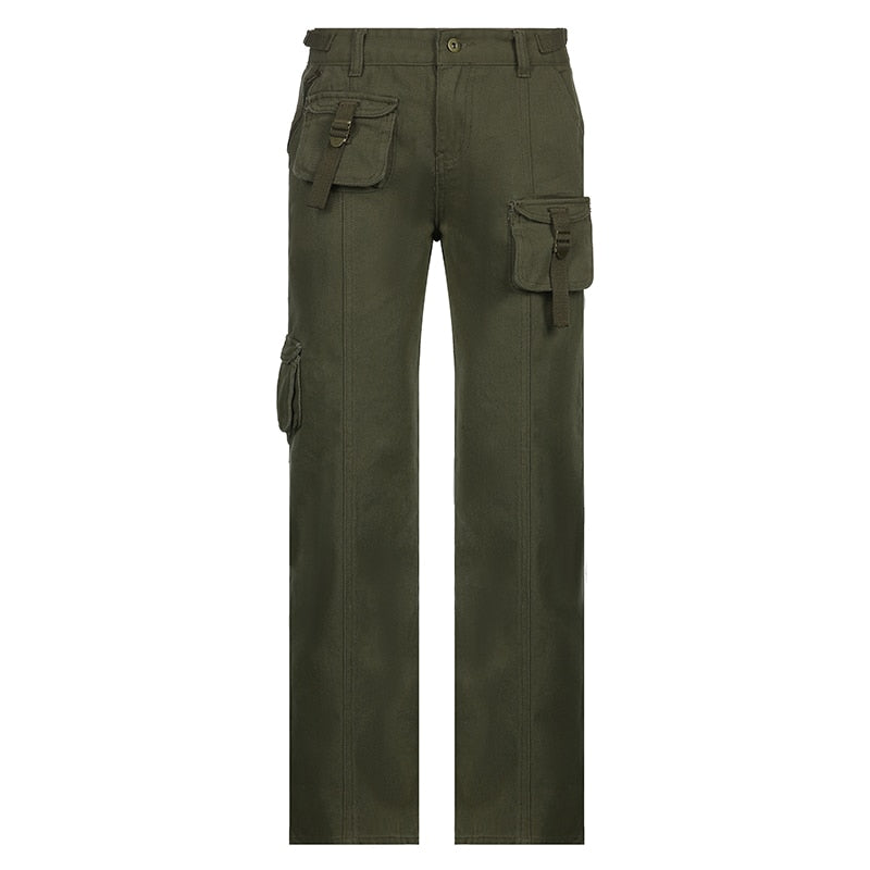 EtherealBe olive green cargo grunge streetwear straight leg pants with utility pockets straps and durable fabric