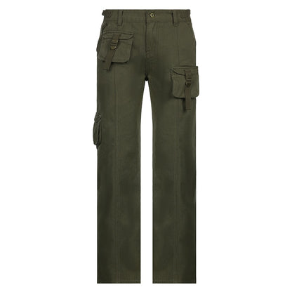 EtherealBe olive green cargo grunge streetwear straight leg pants with utility pockets straps and durable fabric