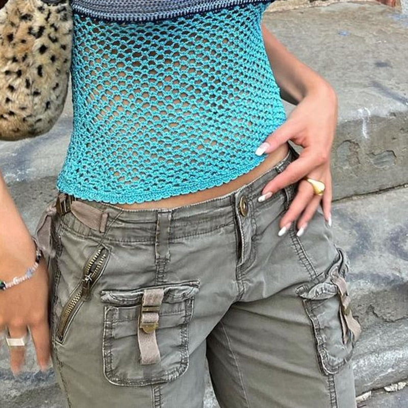 Low rise khaki cargo pants with zipper pockets and buckle straps grunge streetwear straight leg pants