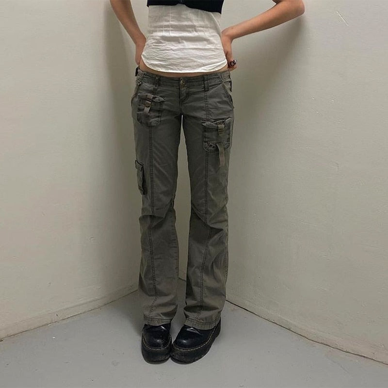 EtherealBe grunge streetwear straight leg pants olive cargo low rise with multiple pockets