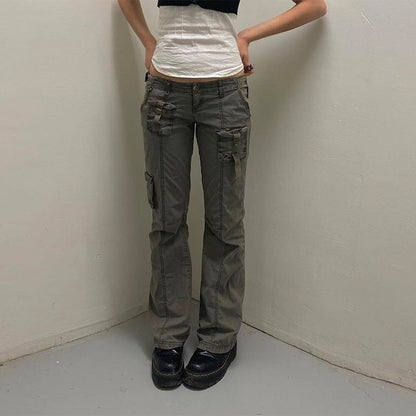 EtherealBe grunge streetwear straight leg pants olive cargo low rise with multiple pockets