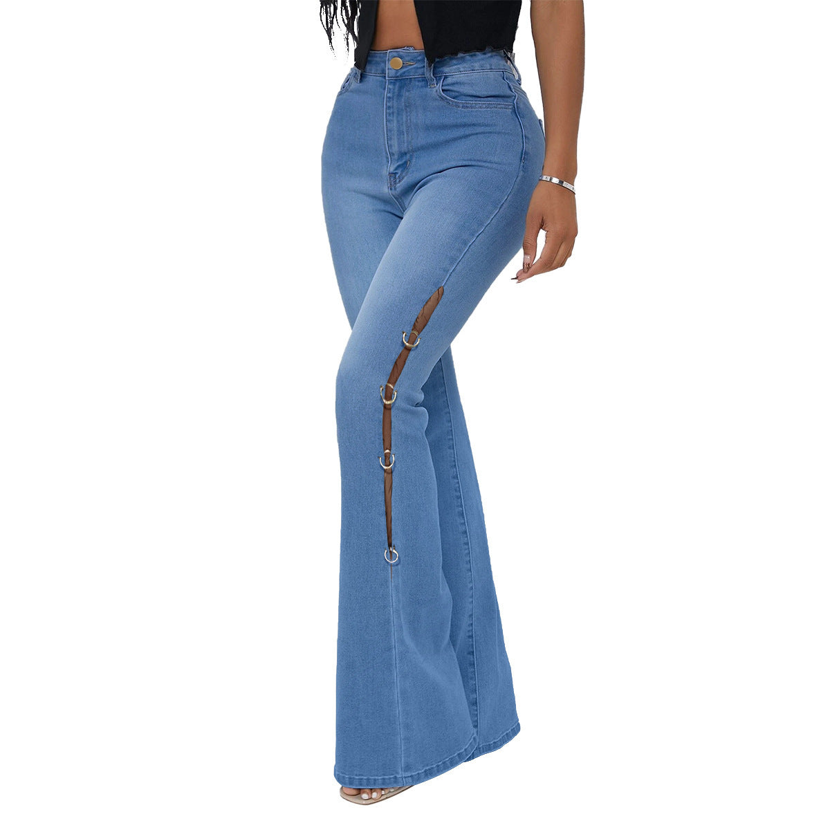 Denim Flared Pants With Metal Decoration
